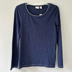 Chico’s Navy Blue Rhinestone Long Sleeve Shirt Silver Size 0 Small NWT